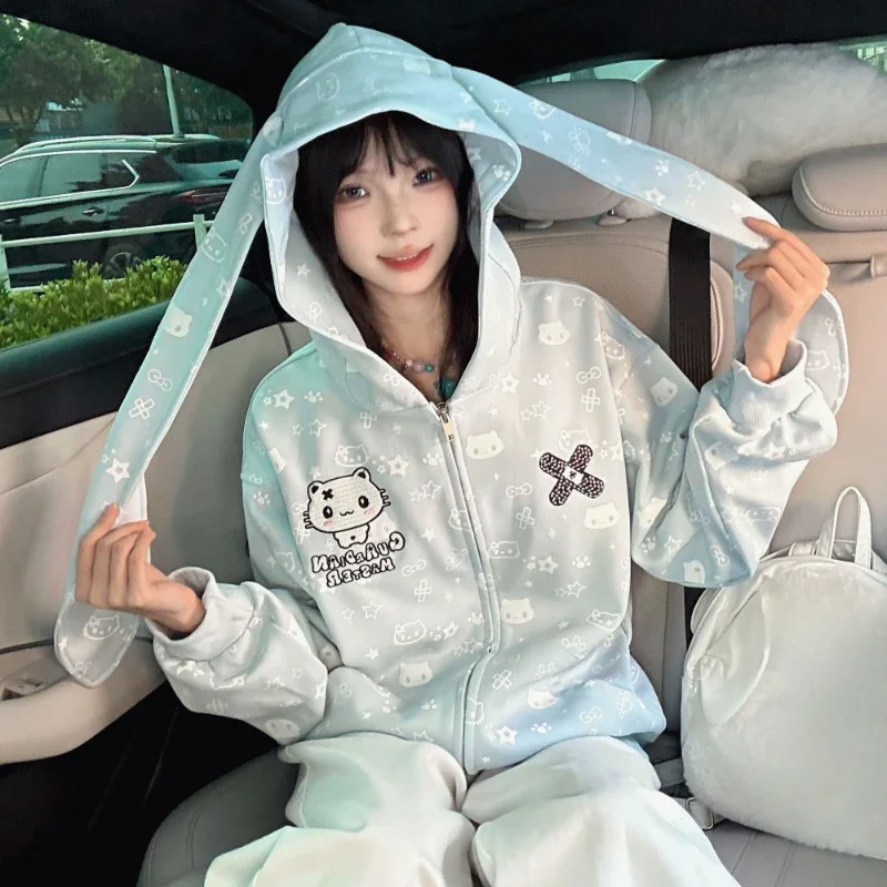 

Y2k Эстетические толстовки с мультяшной вышивкой и кроличьими ушками, женские толстовки в стиле гранж, милые свободные карманные толстовки в стиле Харадзюку, повседневные толстовки на молнии