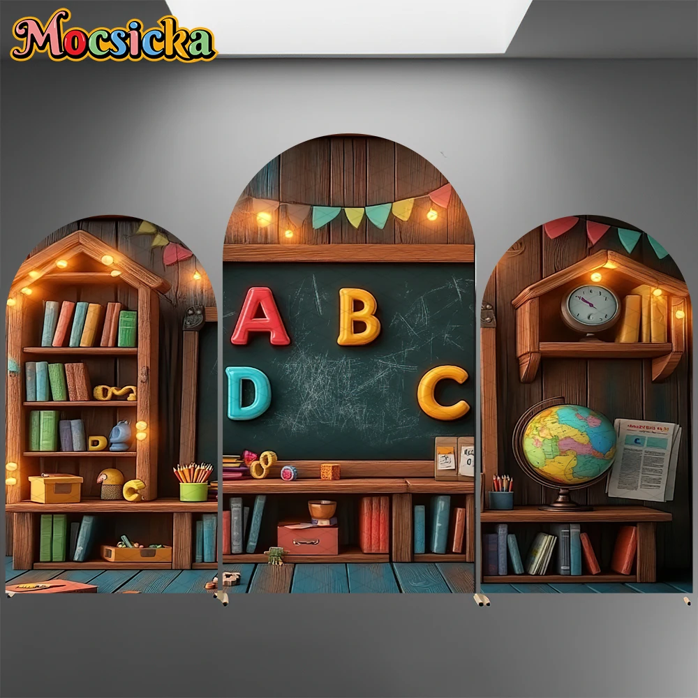 

Mocsicka Back To School Arch Backdrop Cover Student Kid Children Birthday Photo Arched Background Blackboard Abc Bookshelf Decor