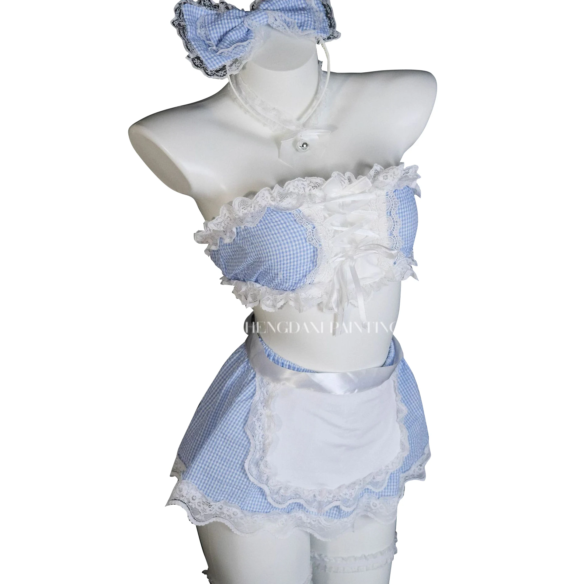 

Women's sexy lingerie plaid pure lace top skirt cosplay maid uniform suit Halloween party bar nightclub role play pajamas