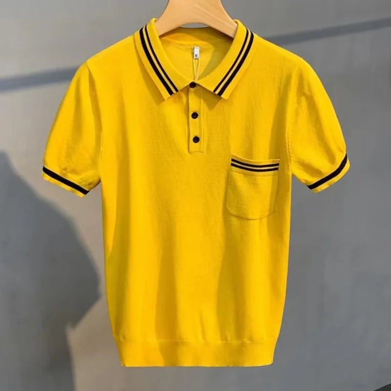 

Summer Stripe Color Matching Knitted Polo Shirt Personalized Slim O Neck Lapel Short Sleeve Tshirt Top Quality Knitted Top