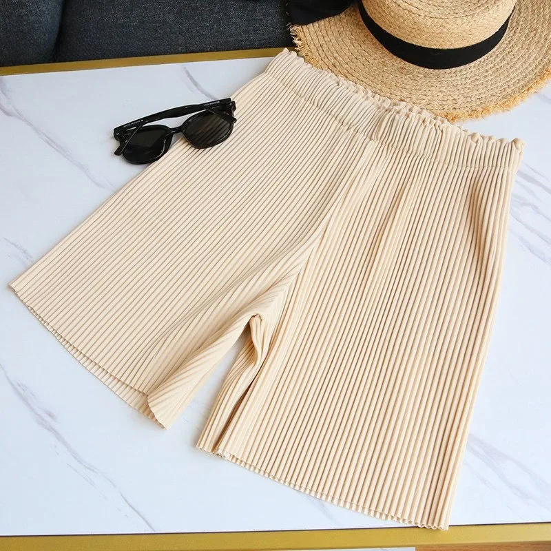 Pleated Shorts Women Summer Sweet Girls College Elastic Waist Baggy Leisure All-match Solid Simple Korean Style Trendy Fashion