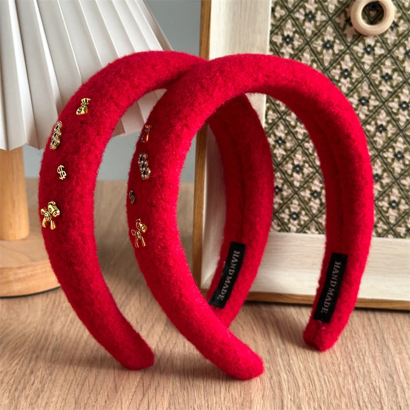 Unique Red Woolen Hair Band for Women Gold Charm Embellished Padded Headband Retro Style Thick Hair Accessory Aesthetic Gift