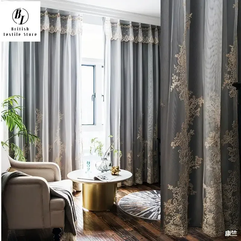 New AmericanCurtains for Living Dining Room Bedroom French Nordic Light Luxury Modern Velvet Double Embroidered European Curtain
