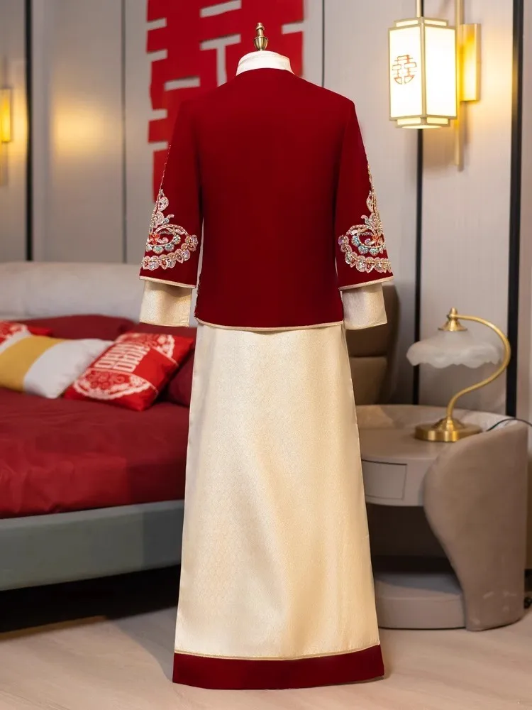 The velvet men's Chinese-style wedding dress dragon and phoenix is groom's attire