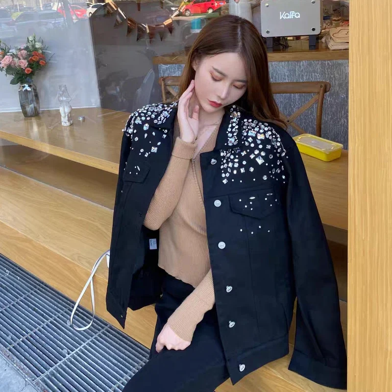 Exquisite Rhinestone Shiny Blingbling Black Denim Jacket 2023 New Spring Autumn Clothes Street Jean Jackets Coats Casacos Femme