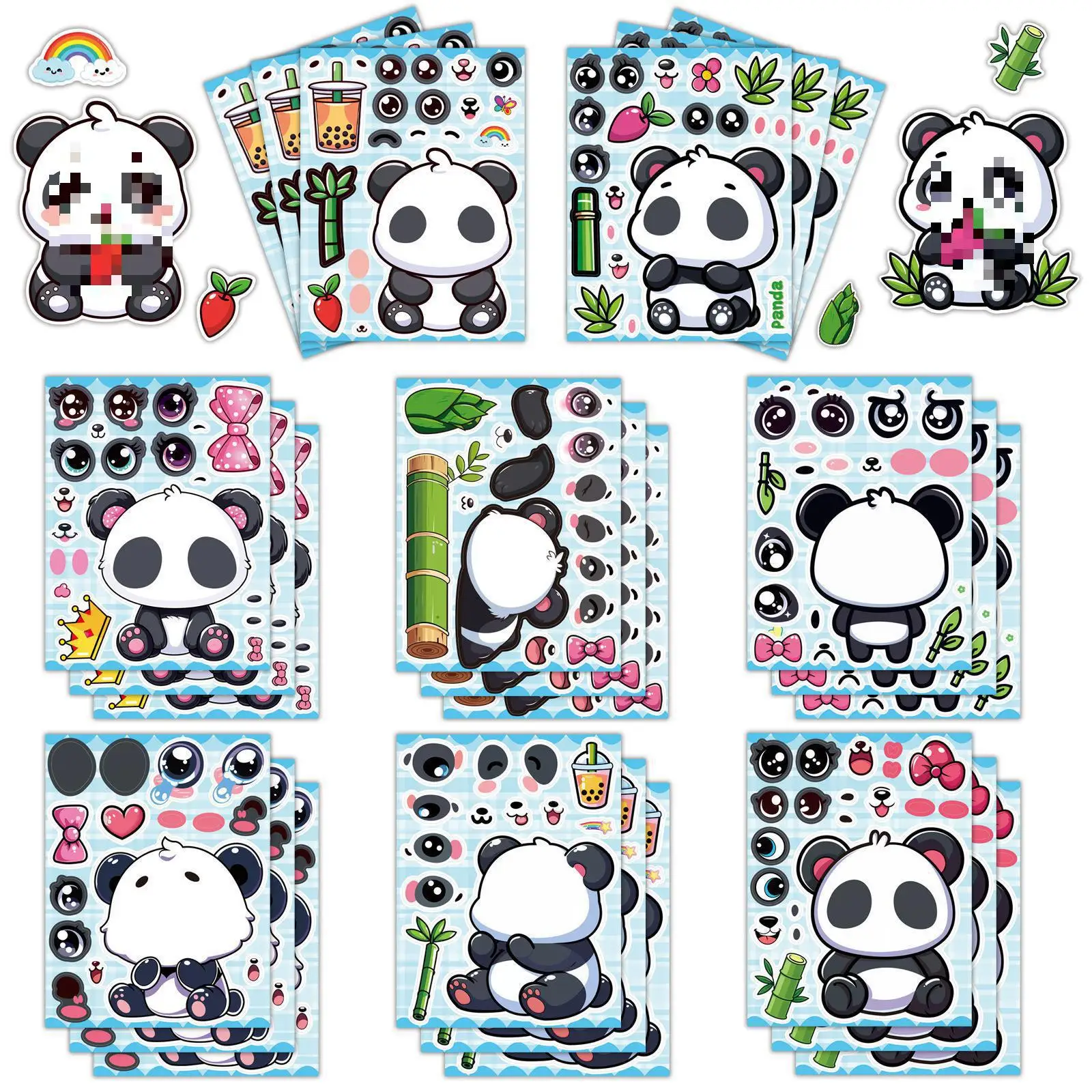 8pcs Little Panda Face Changing Stickers Kids Educational Diy Decals For Phone Ipad Water Bottle Notebook Cute Cartoon Decor