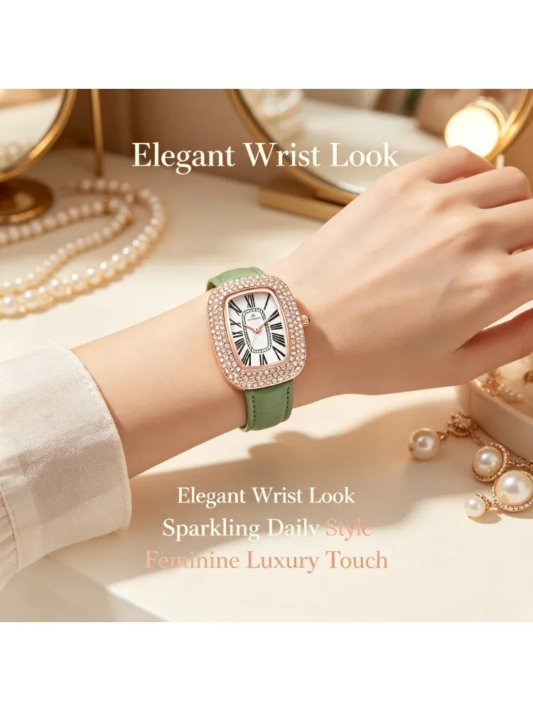LOUIE JUELEN Women Quartz Watch Full Rhinestone 30M Waterproof Genuine Leather Strap Mineral Glass Ladies Wristwatch