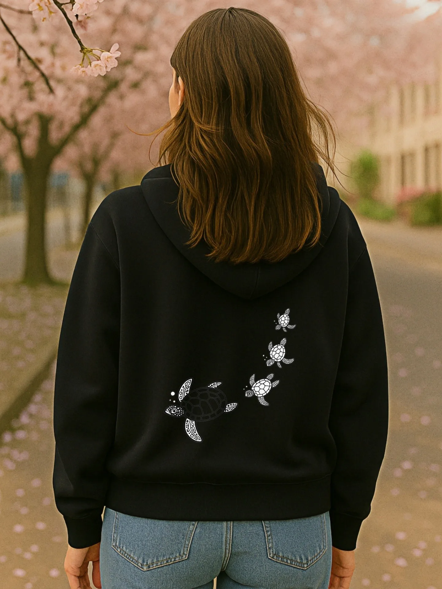 Grafische hoodie dames, schattige schildpad- en kattenprint, casual esthetisch ontwerp, zachte stof, casual dagelijks gebruik