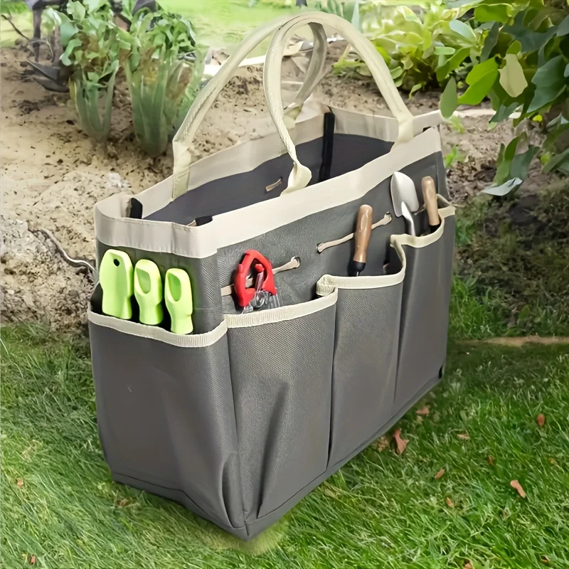 Large Capacity Garden Tool Bag Portable Tote Gray Oxford Fabric Stand Wear-Resistant Multi-Purpose Belt Multiple Pockets