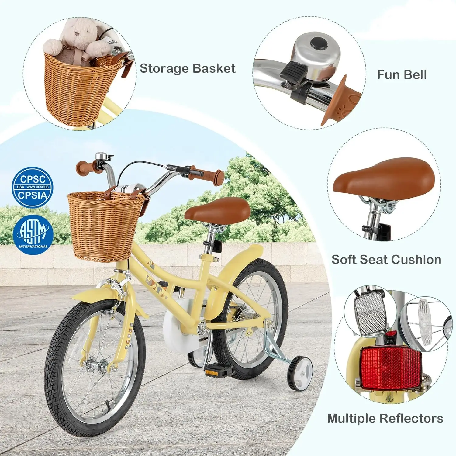 Retro kinderfiets, 12 14 16 18 inch kinderfiets voor 3-8 jaar oud met rotanmand, in hoogte verstelbaar, zijwieltjes, spatborden, Han