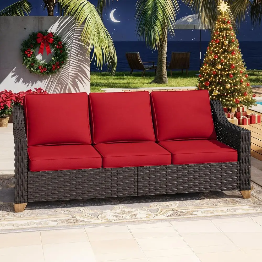 

All-Weather 77 Outdoor Wicker 3-Seat Sofa with Cushions for Patio, Garden, or Porch (Brown/Red)
