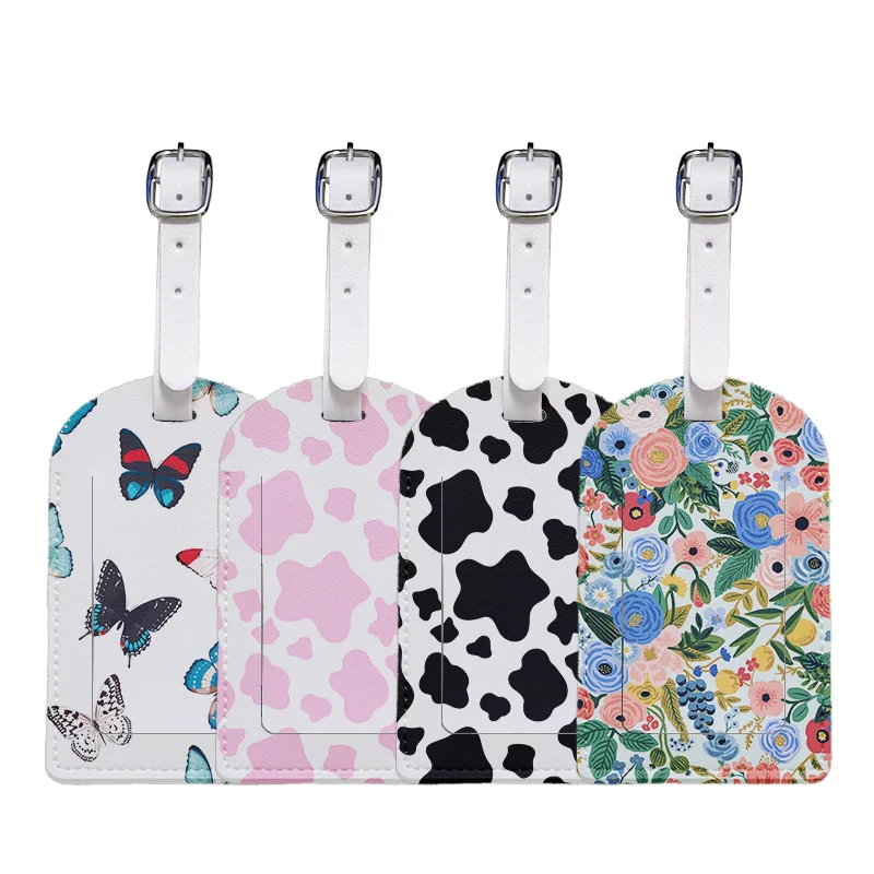 Luggage Tags with Privacy Cover PU Leather Cruise Ship Waterproof Tag Cute Flora Leopard Print Suitcase Tags for Men Kids Women