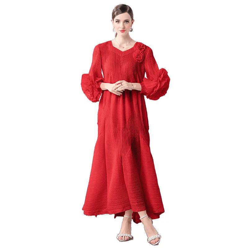 Beach Vaion Long Sve Handbestickter Blumenknospen Dr. Sommer Thi Polyesterstoff Lose Taille Gored Rock Dr