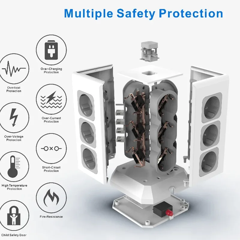 EU Tower Table Power Sockets 16A 12 Outlets 4 USB 5V 3.4A 4000W AC 110V 220V Black Tomada Usb Home Office Power Strip Socket