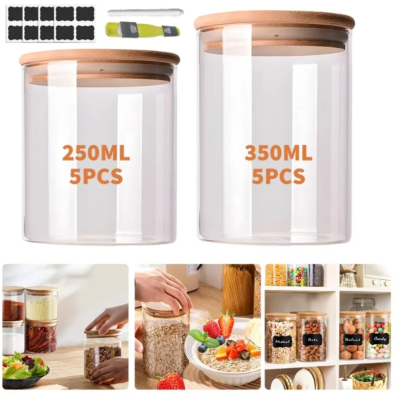 5pcs 250ml + 5pcs 350ml Glass Sealed Jar Set Storage Bottles Jar Sealed with Wood Lid for Tea,Coffee,Sugar Cereal Storage