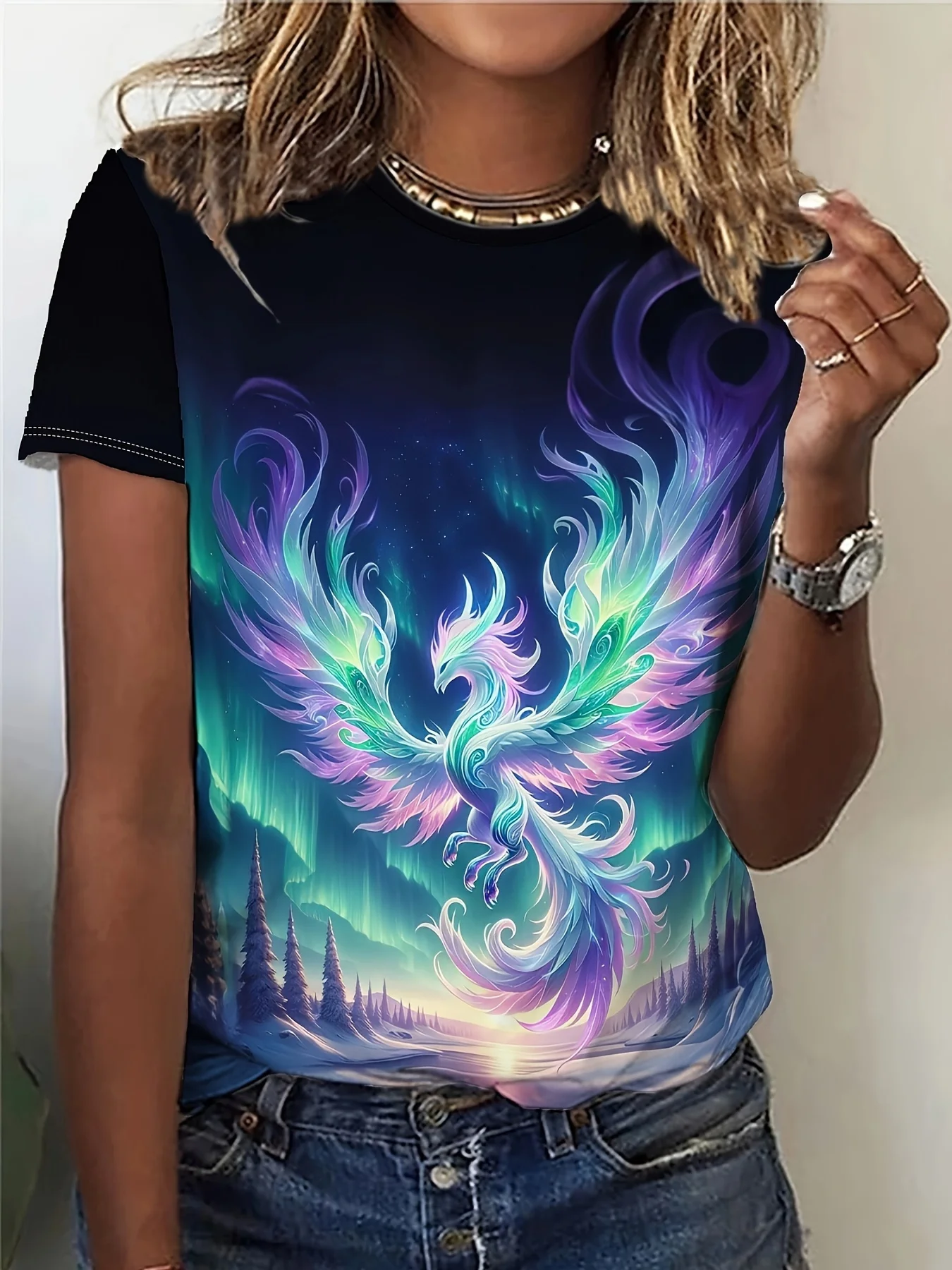 Black & Iridescent Women's Tee - Phoenix & Aurora Graphic, Magical Fantasy Print Design for Casual Daily Wear