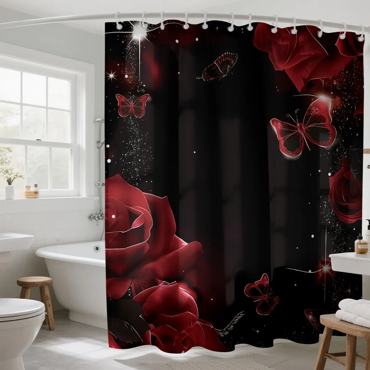 Romantic Red Roses Butterfly Print Shower Curtain Bathroom Decoration Luxury Floral Gothic Shower Curtain Liner - view 6