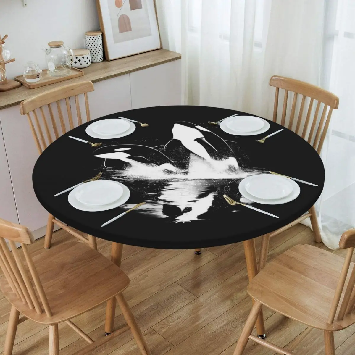 Orca Aquatic Sea Ocean Killer Whale Waterproof Round Tablecloth Oilproof Table Cloth for Kitchen Events Dining Table Cover