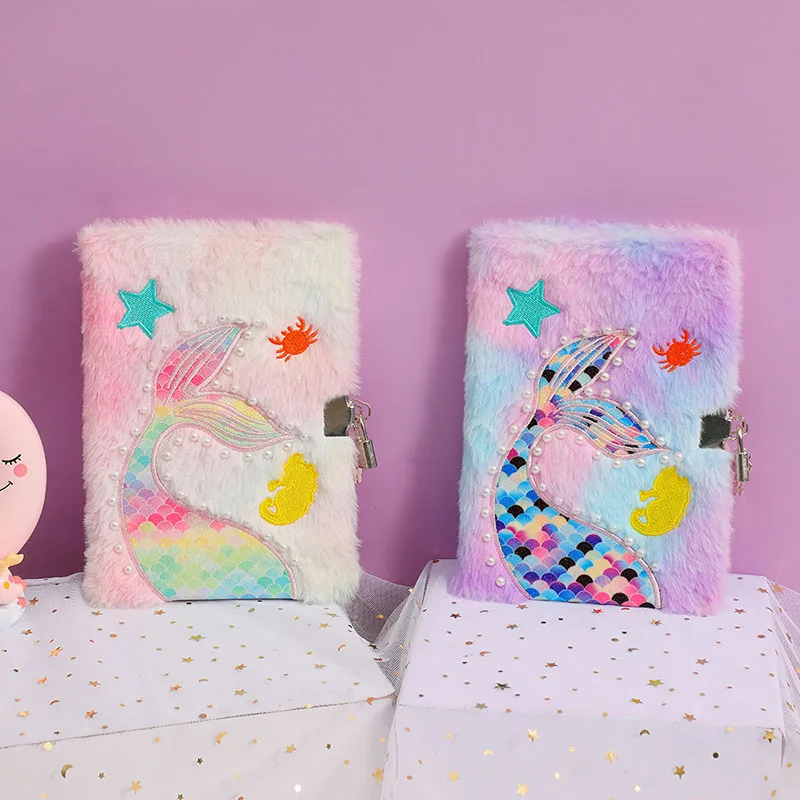 Kawaii Girls' Notebook Children's Mermaid Tail Plush Notebook with Lock and Key Sketching Book Planning Organizer Student Gift