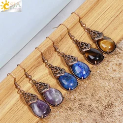 CSJA Women Dangle Earrings Natural Stone Water Drop Pendant Healing Tiger eye Crystal Vintage Drop Earrings Jewelry Gift T095