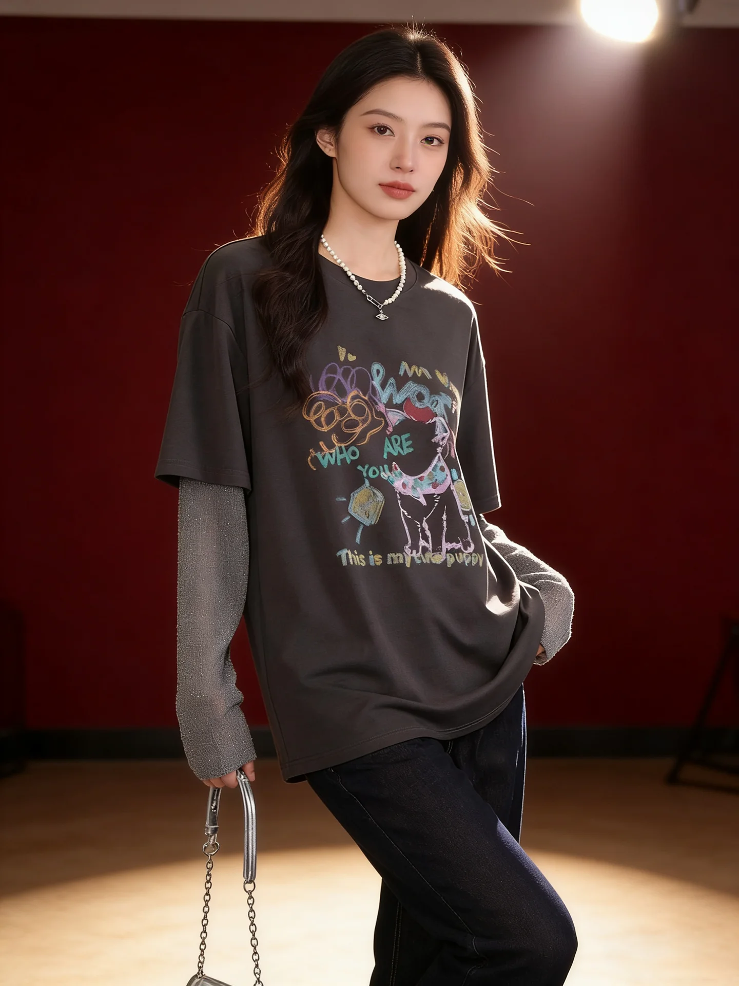 

HUAAPPUW Fun Print round Ne T-irt Me Splicing Fake Two-Piece ey Top Women's Autumn Winter New Sle Simple Sle Loos...