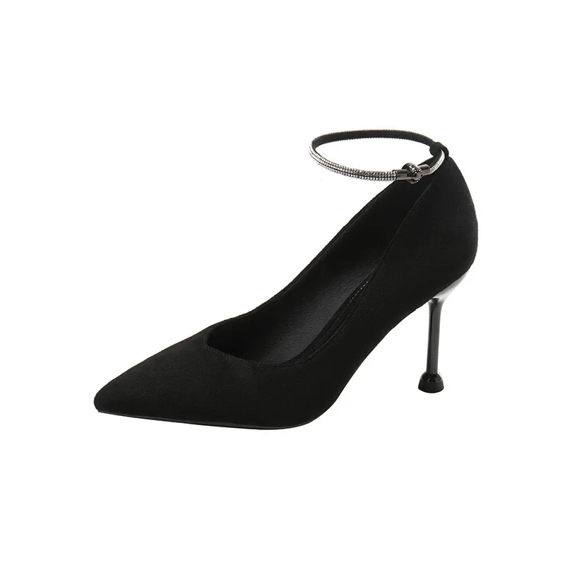

Size 31-43 Buckle High Heels Stiletto Heel Pumps Black Shoes For Women Ankle Strap Pumps Point Toe