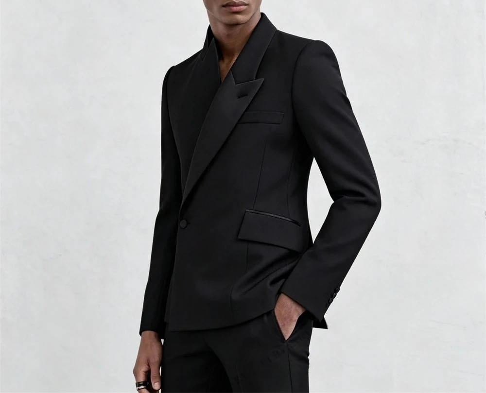 Custom Men’s Asymmetrical Lapel One - Button Black Slim Fit 2 - Piece Suit for Wedding Business Dinner XS-5XL Tuxedo