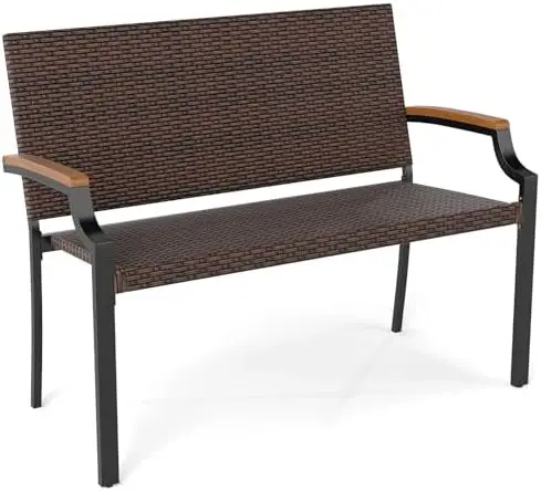 Stackable Patio Wicker Loveseat Bench, 2-Person Rattan Outdoor Bench with Acacia Wood Armrests & Metal Frame, Rattan