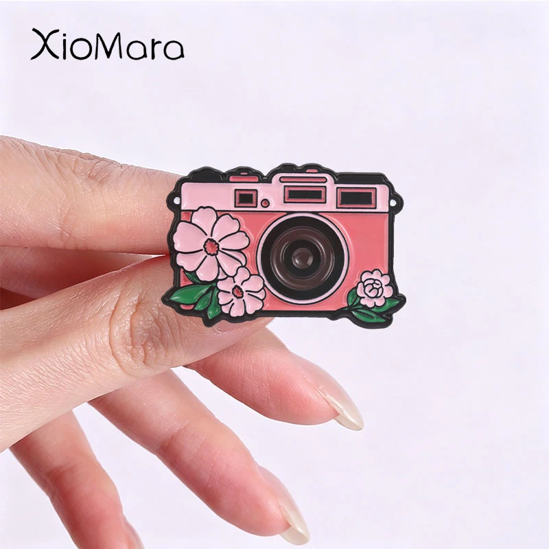 Cute Flower Camera Badge Cartoon Pink Blue Floral Enamel Pins Fashion Lapel Brooches Backpack Clothes Jewelry Gift for Friends