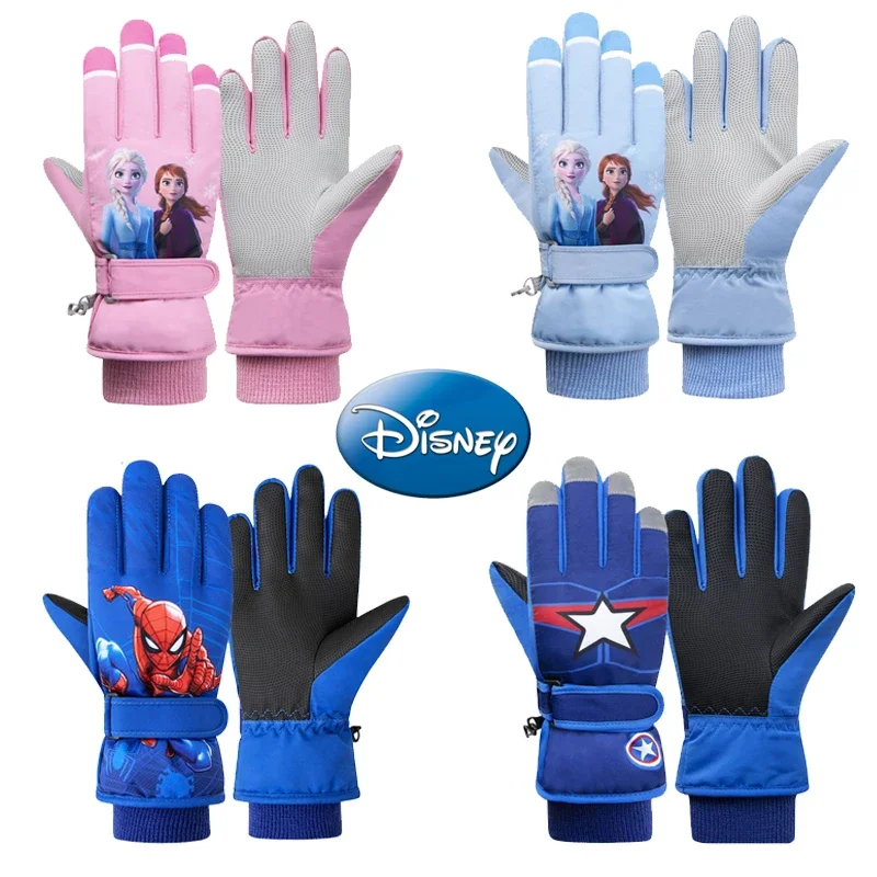 Disney Cartoon Spiderman Elsa Princess Kids Ski Gloves High Quality Winter Waterproof Warmth Thicken Outdoor Anti-Slip Gloves