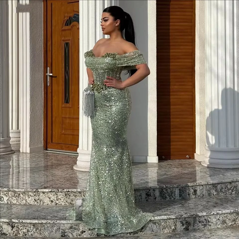 

Mermaid Prom Gown for Woman Elegant Evening Gown Off the Shoulder Evening Dress with Pearls and Sequined Customized