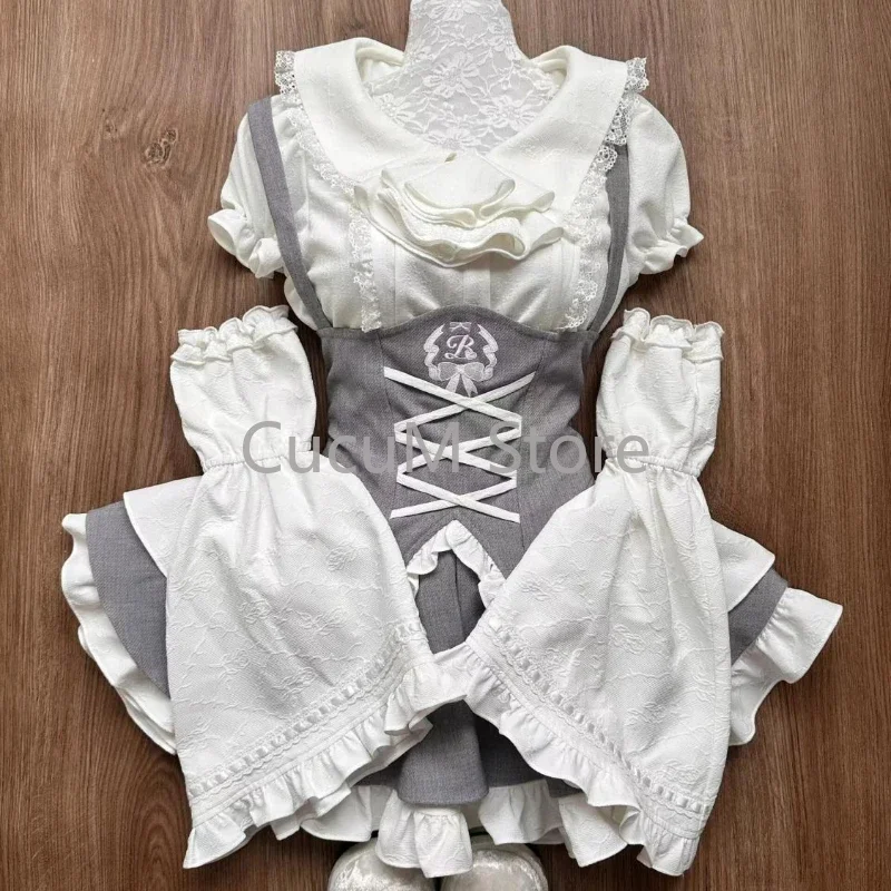 Japanese Kawaii Cute Lolita Skirt Set Women Sweet Lace Patchwork Shirt Top Slim Bandage Suspender Skirt Preppy Style Gothic Suit