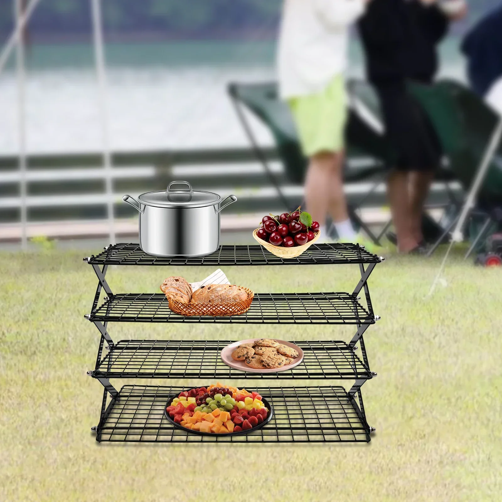 4-Tier Collapsible Cooling Rack Adjustable Roasting Cooking Drying Wire Barbecue Storage Display Shelf for Cookies Baking Picnic