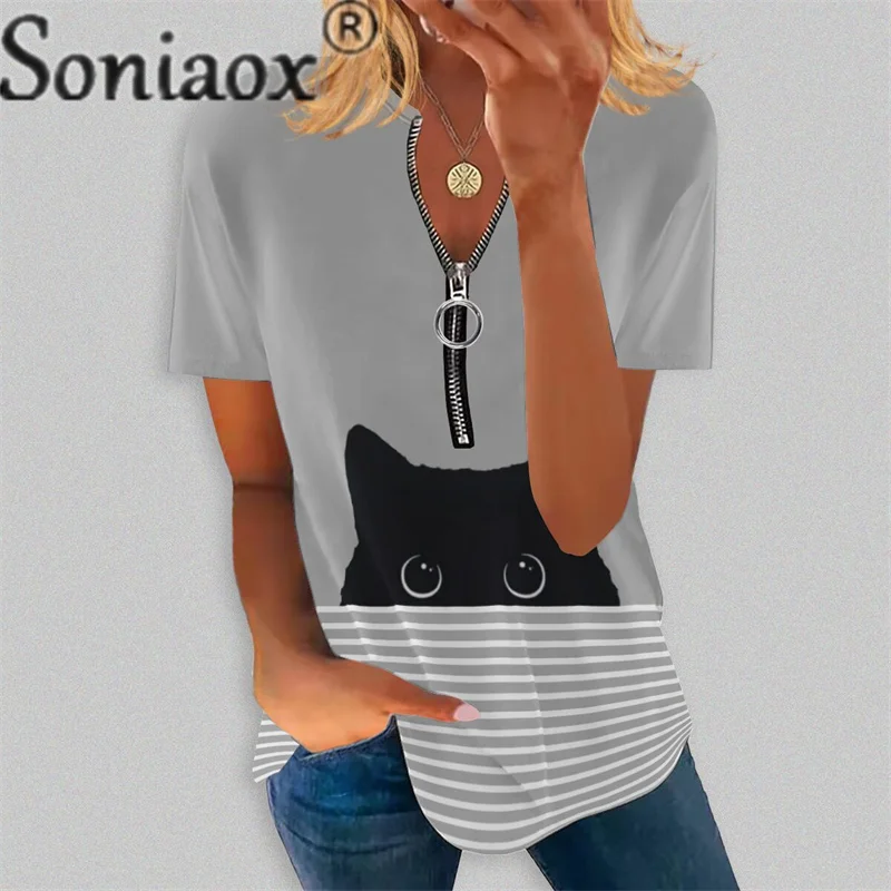 Vintage Print Zipper V Neck T-Shirt Summer Women's Ethnic Style Short Sleeve Tops Female Comfortable Casual Commuter Cotton Tees