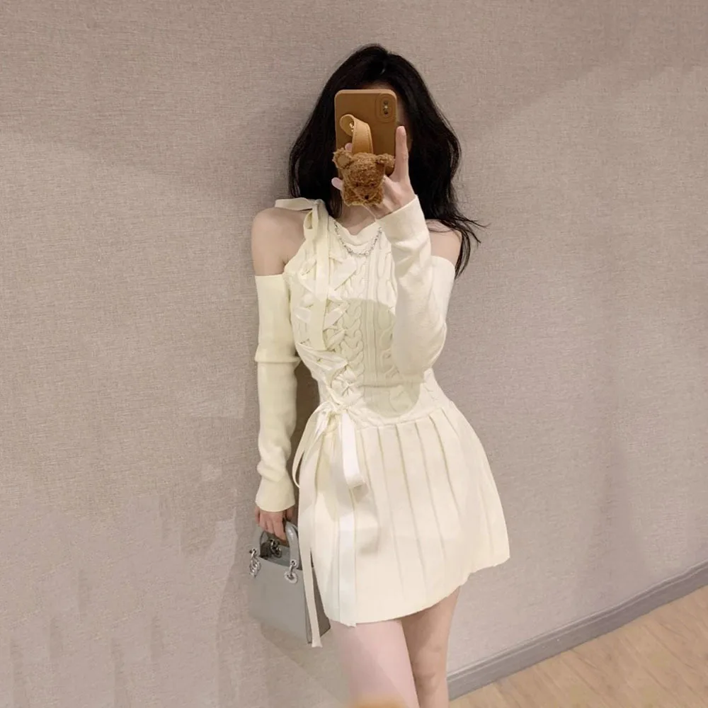 

2024 Autumn Winter Coquette Knitted Kawaii Cute Off Shoulder Mini Dress Women Preppy Style Sweet Party Short Dresses Ladies Sexy