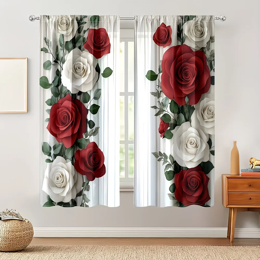 

2Pcs Curtain Red and White Roses with Green Leaves Window Drapes for Bedroom Living Room Decoration Window Treatment.