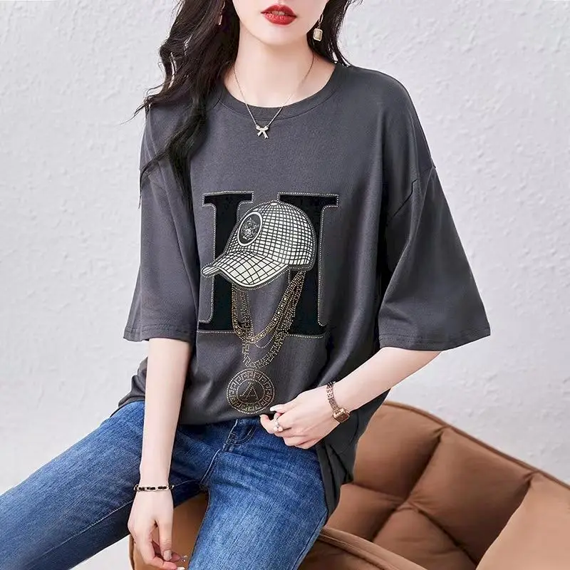 100% Cotton T Shirts Women Korean Style Niche Design High Quality T-shirt Hot Fix Short Sleeve Slimming Tops Summer Trend Tshirt