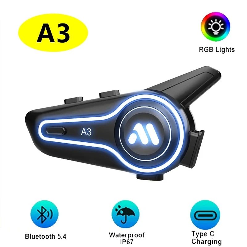 New A3 Motorcycle Helmet Bluetooth 5.4 Headset Noise Reduction  Wireless  RGB Light 1000mAh Battery Music Player HIFI Waterproof