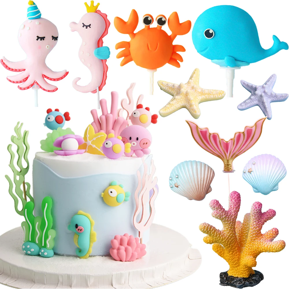 Meerestier Geburtstagstorte Topper Fisch Baby Oktopus Seepferdchen Krabbe Seestern Muschel Unterwasserparty Kindergeburtstag Kuchendekorationen – Detail 1