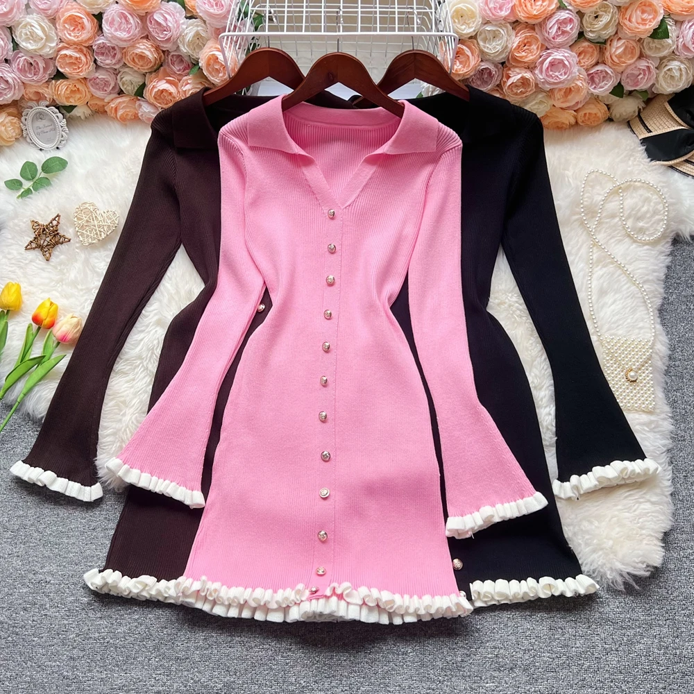 Yuoomuoo chique moda 2025 outono inverno feminino malha mini vestido estilo francês harajuku preto babados vestido de festa senhora outfits