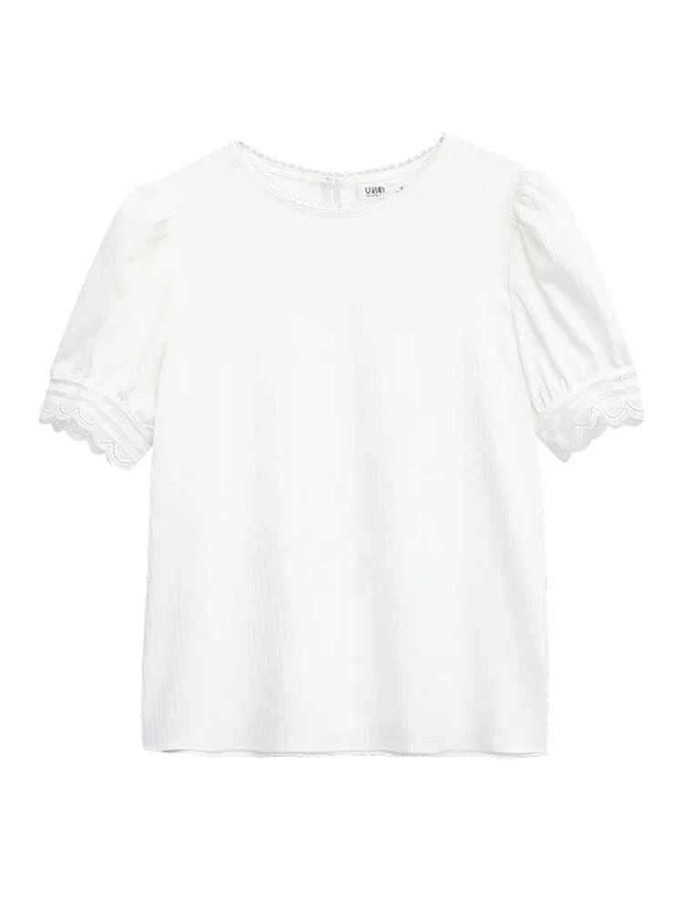 I BELIEVE YOU Chic Women Blouse 2022 Fashion French O-neck Pullover Puff Sleeves Lace Chiffon Blouse White Shirt 2222054456