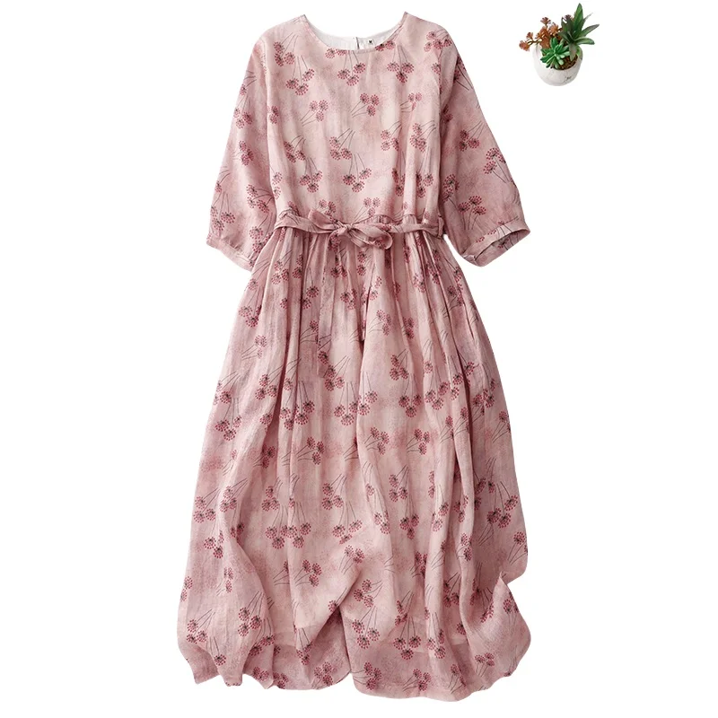 Nieuwe bloemenkatoen Dr Artistieke losse taille Cinched lange rok Lente middellange Sve zevenkwart polyester linnenmix