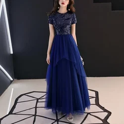 Customized O-neck Simple Sequined Mesh Ball Gown Prom Dress Slim Temperament Elegant Short Sleeve Wedding Party Vestidos Evening