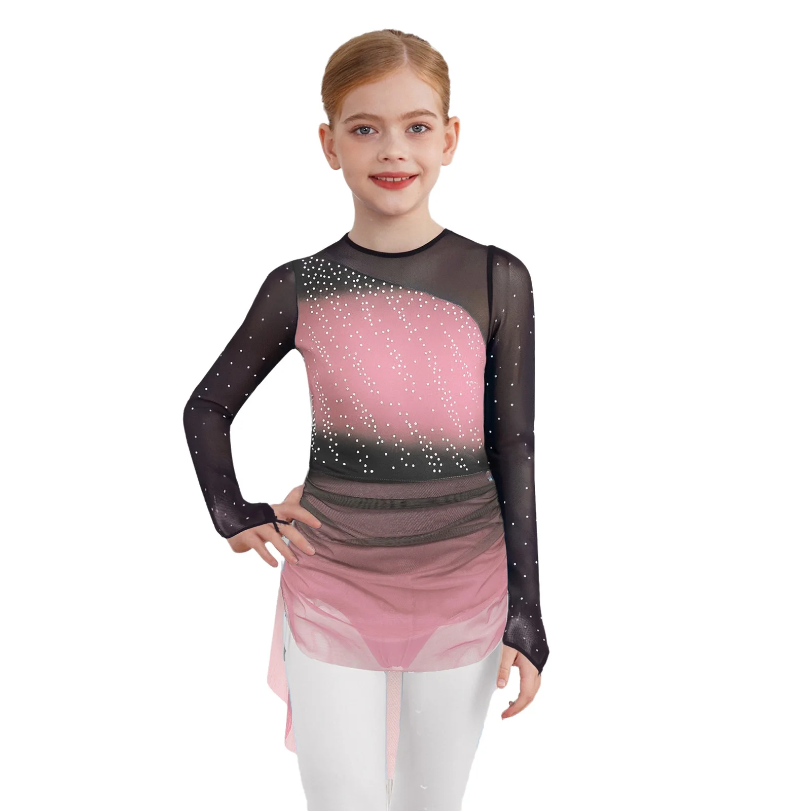 

Girls Lyrical Dance Dress Gradient Sparkly Rhinestones Long Sleeves Sheer Mesh Patchwork Leotard Dress Figure Skating Costume