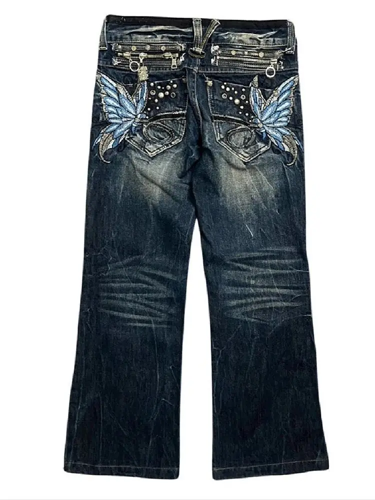 American Style Low Rise Slight Flare Heavyweight Denim Jeans with Butterfly Embroidery Y2K High Street Slimming Fit for Women