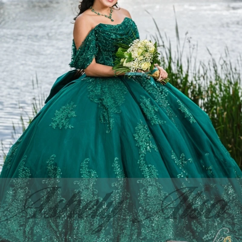 A36331 robe de fête d'anniversaire pour femmes, vert mexicain, épaules dénudées, avec nœud, robe de bal, occasion douce 15 16 filles, Quinceanera, personnalisée
