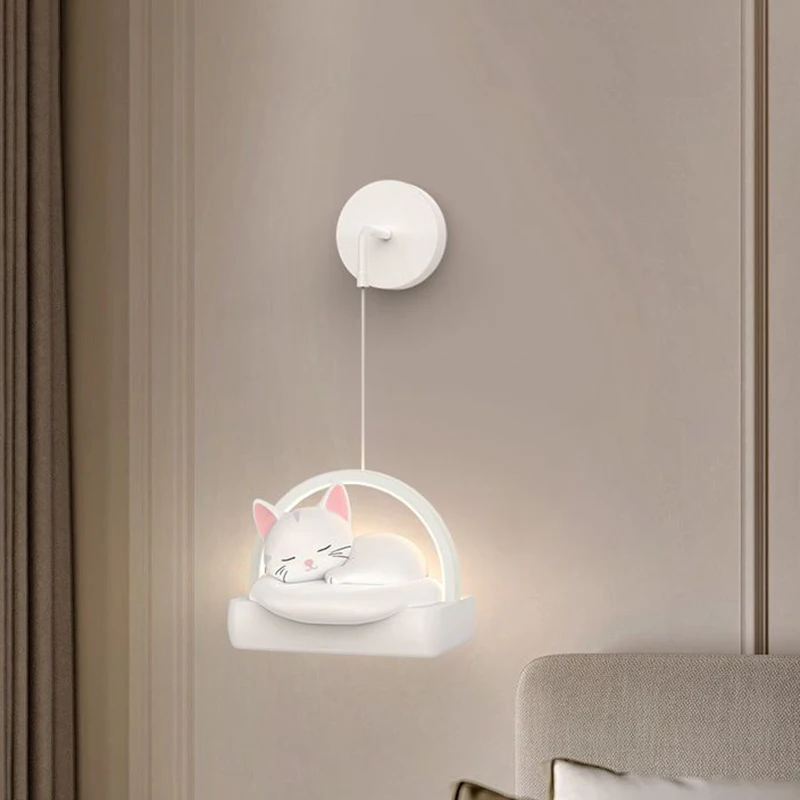 Cartoon Cat Lights Children's Room Bedroom Bedside Pendant Lamp White Pink Baby Nursery School Wall Hanging Light 220V Eye Care