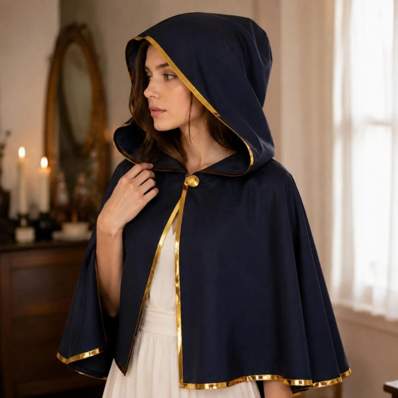 A52E Flowing Hooded Costume Cloak with Metallic Gold-Tone Open Front and Neck Clasp for Cosplay and Themed Parties
