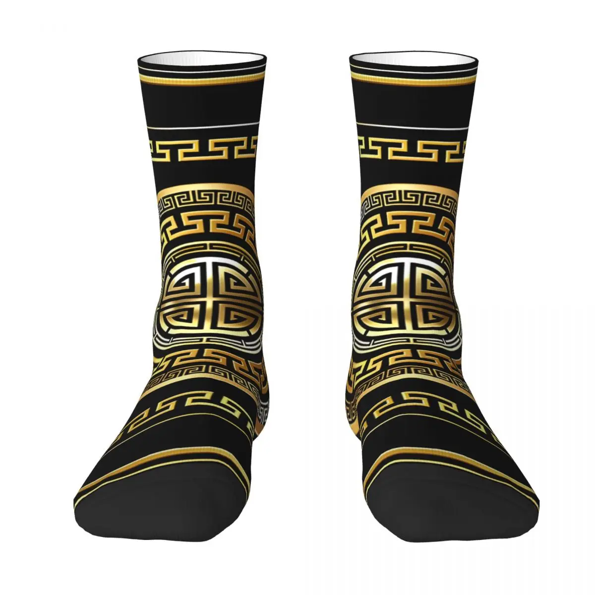 Greek Keys Meander Black Gold Large Socks Hip Hop Retro Men's Socks Unisex 3D Printed Funny Sock Gift