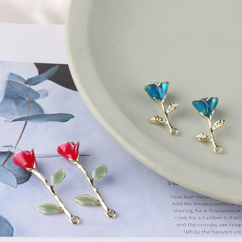 1pcs Diy Jewelry Accessories Alloy Rose Blue Fairy Flower Small Fresh Handmade Material Pendant Earrings Handmade Charms